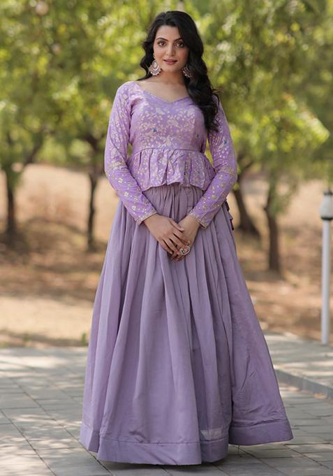 Lavender Sequin Embroidered Vichitra Shimmer Lehenga Set