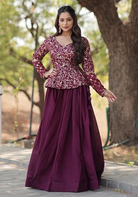 Wine Sequin Embroidered Vichitra Shimmer Lehenga Set