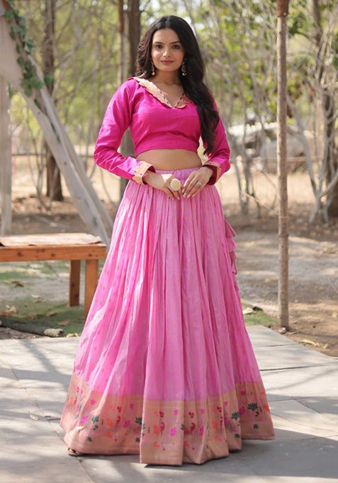 Light Pink Kalamkari Zari Work Pure Viscose Georgette Lehenga Set