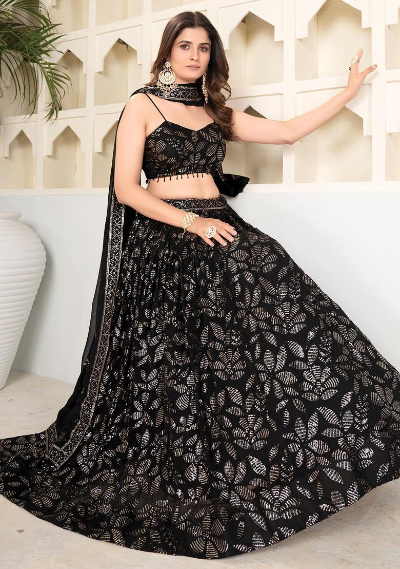 Black Sequin Embroidered Faux Blooming Lehenga Set