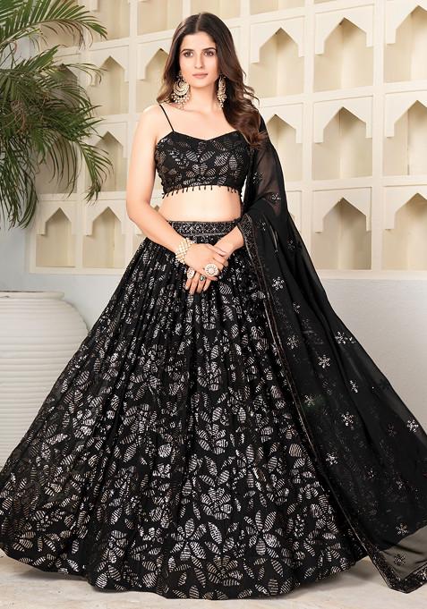 Black Sequin Embroidered Faux Blooming Lehenga Set