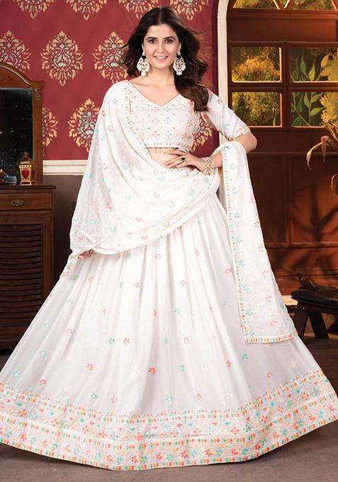 White Sequin Embroidered Faux Blooming Lehenga Set