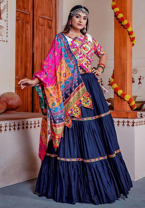 Navy Blue Mirror Lace Work Rayon Lehenga Set