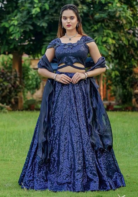 Navy Blue Sequin Embroidered Heavy Georgette Lehenga Set