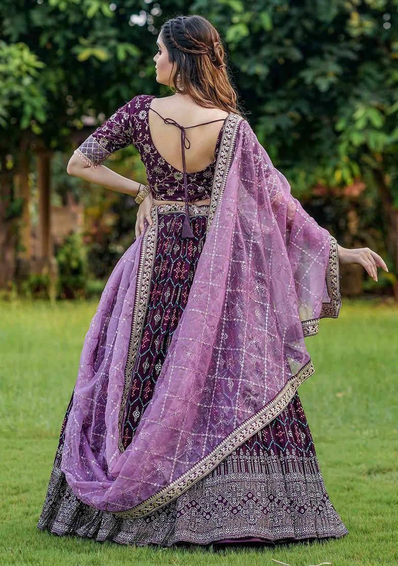 Wine Foil Print Embroidered Heavy Georgette Lehenga Set