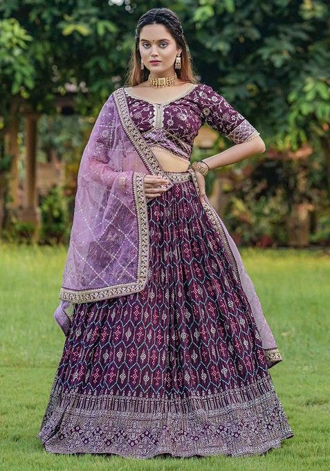 Wine Foil Print Embroidered Heavy Georgette Lehenga Set