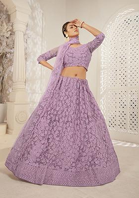 Green Zari Thread Embroidered Net Lehenga Set