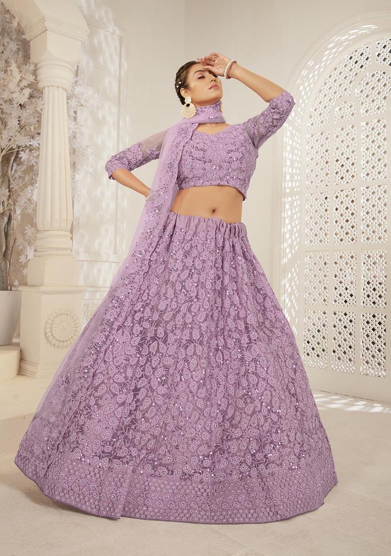 Green Zari Thread Embroidered Net Lehenga Set