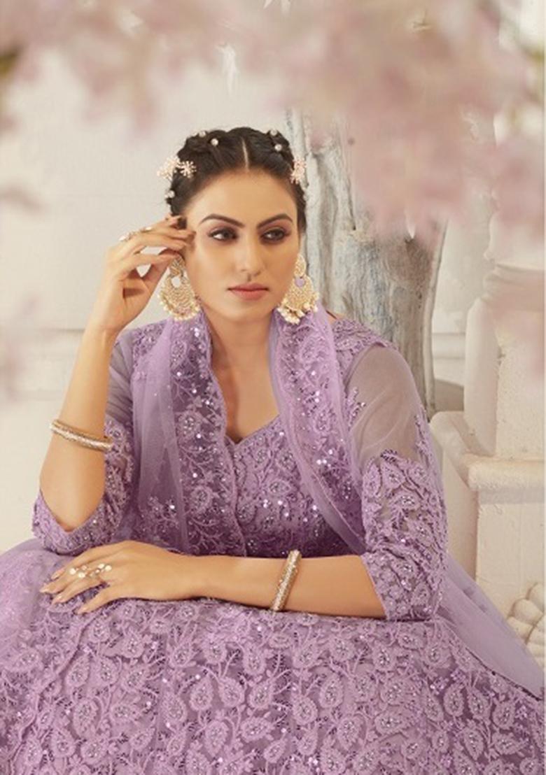 Green Zari Thread Embroidered Net Lehenga Set