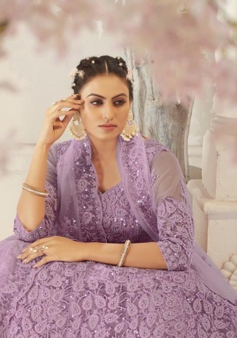 Green Zari Thread Embroidered Net Lehenga Set