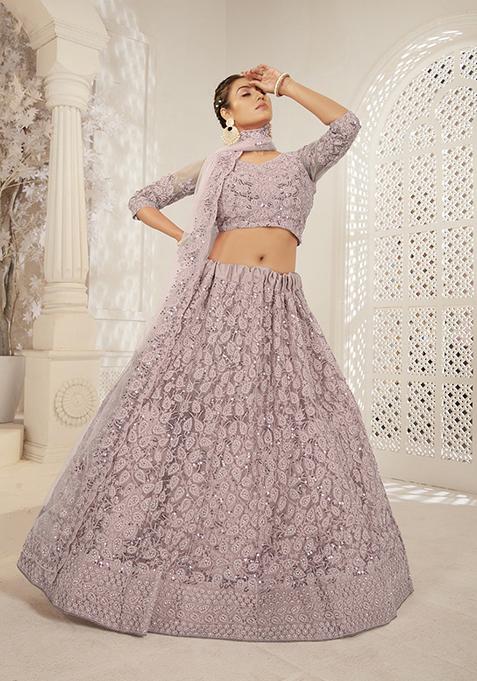 Peach Zari Thread Embroidered Net Lehenga Set