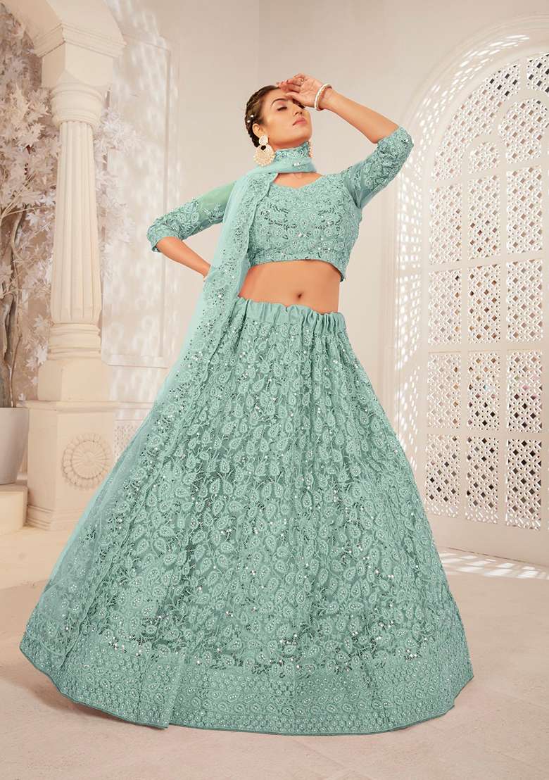 Purple Zari Thread Embroidered Net Lehenga Set for Diwali and Festive Wear - Indya