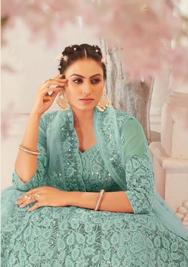 Purple Zari Thread Embroidered Net Lehenga Set for Diwali and Festive Wear - Indya
