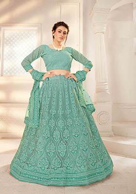 Green Zari Thread Embroidered Net Lehenga Set