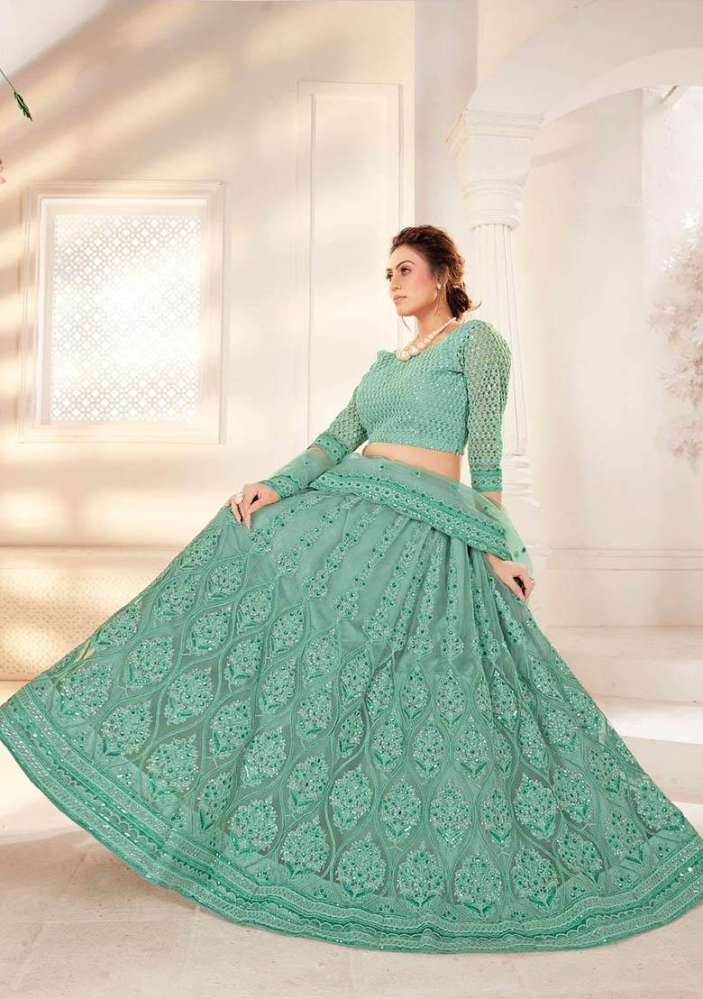 Green Zari Thread Embroidered Net Lehenga Set