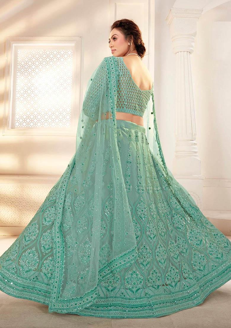 Green Zari Thread Embroidered Net Lehenga Set