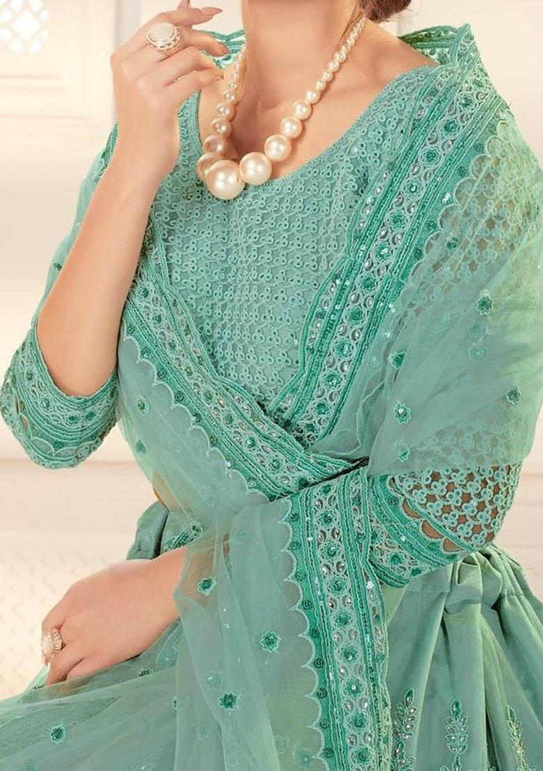 Green Zari Thread Embroidered Net Lehenga Set