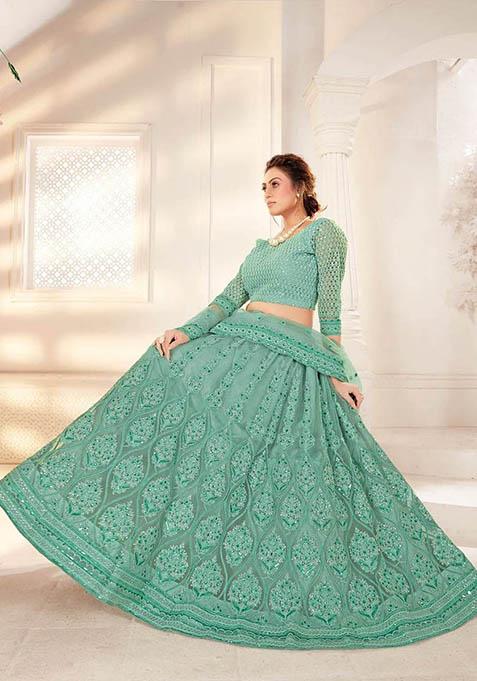 Green Zari Thread Embroidered Net Lehenga Set