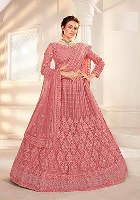 Peach Zari Thread Embroidered Net Lehenga Set
