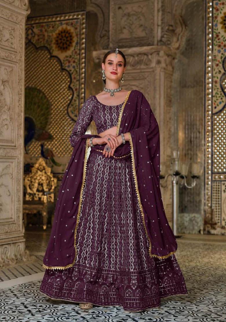 Wine Sequin Embroidered Georgette Lehenga Set