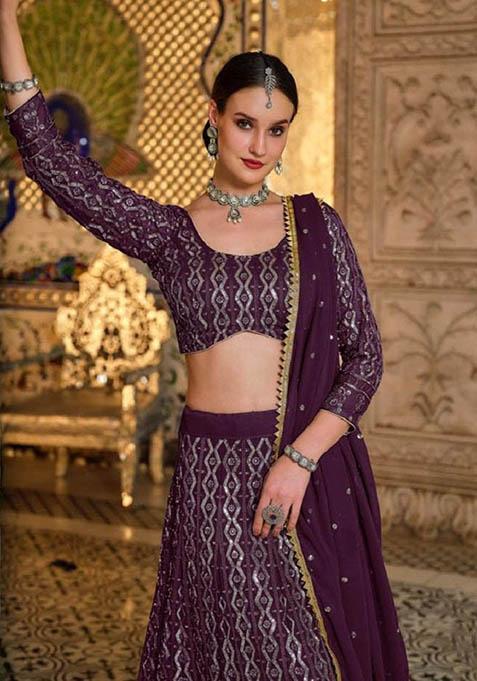 Wine Sequin Embroidered Georgette Lehenga Set