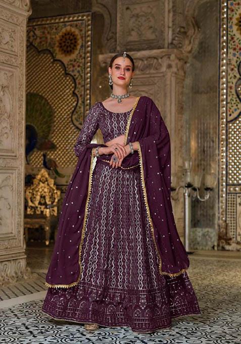 Wine Sequin Embroidered Georgette Lehenga Set