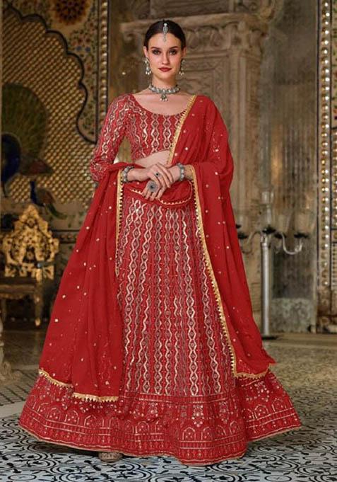 Red Sequin Embroidered Georgette Lehenga Set