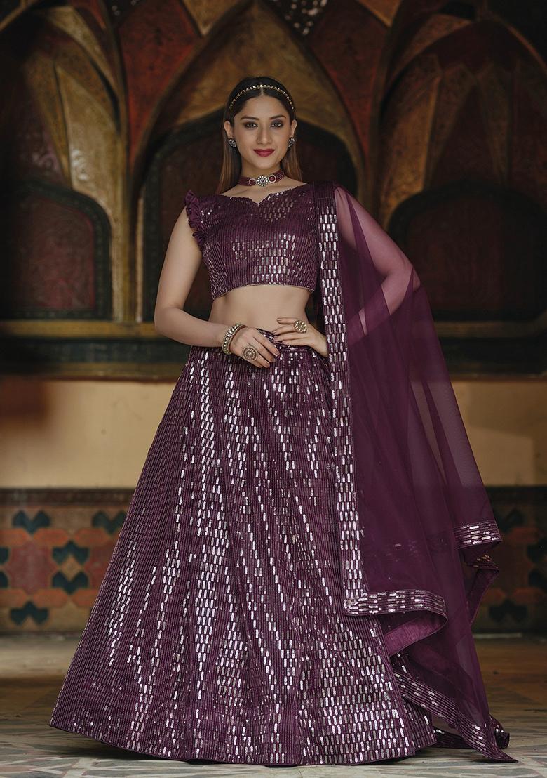 Wine Sequin Embroidered Net Lehenga Set