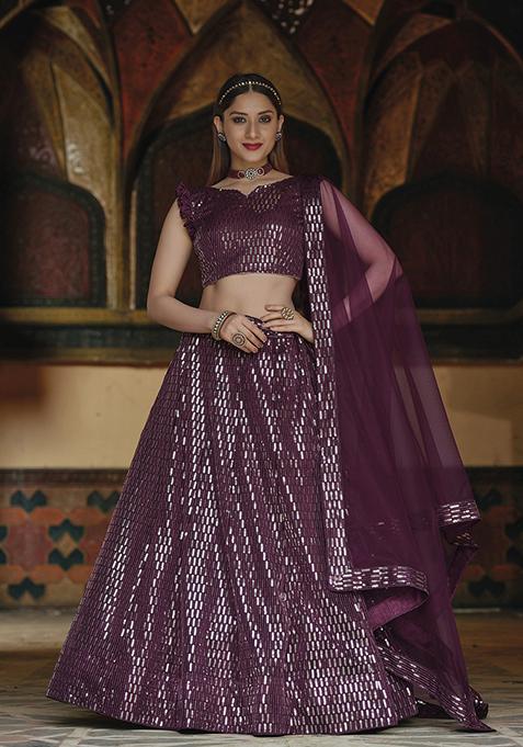 Wine Sequin Embroidered Net Lehenga Set