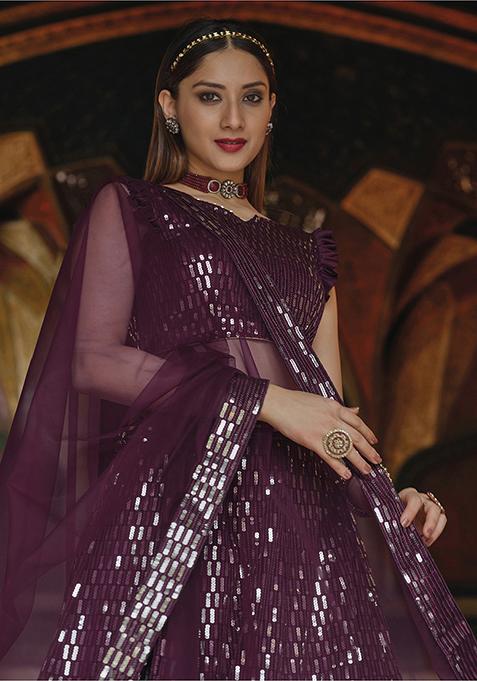 Wine Sequin Embroidered Net Lehenga Set