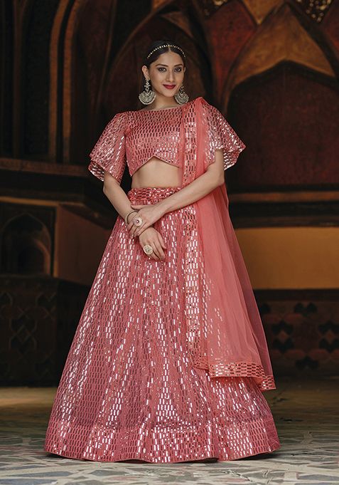 Pink Sequin Embroidered Net Lehenga Set