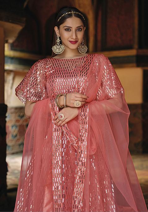 Pink Sequin Embroidered Net Lehenga Set