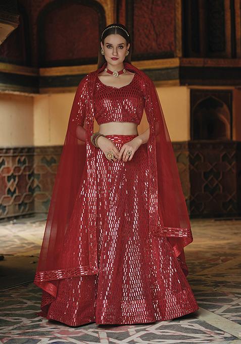 Red Sequin Embroidered Net Lehenga Set