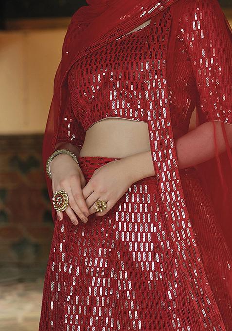 Red Sequin Embroidered Net Lehenga Set