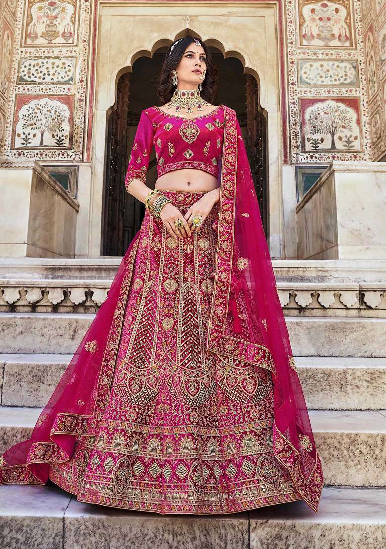 Rani Pink Thread Embroidered Velvet Lehenga Set - Indya