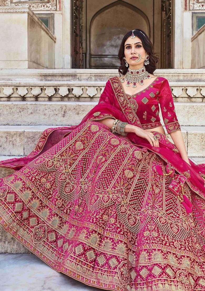 Rani Pink Thread Embroidered Velvet Lehenga Set - Indya