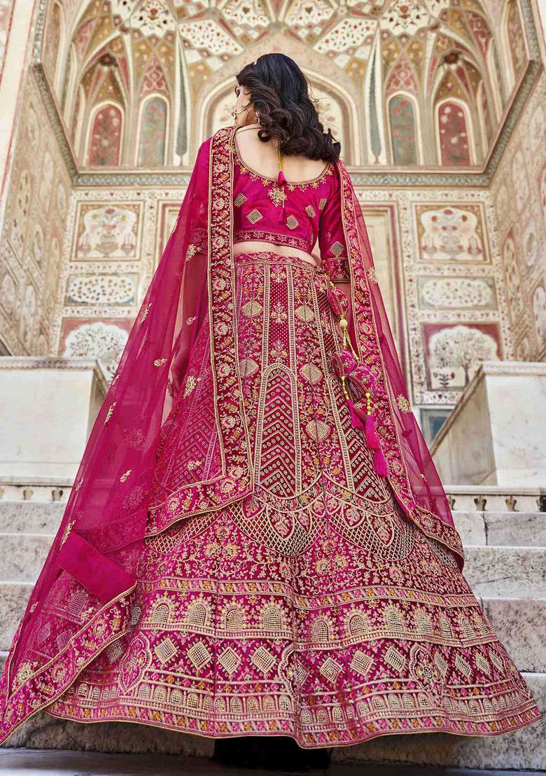 Rani Pink Thread Embroidered Velvet Lehenga Set - Indya