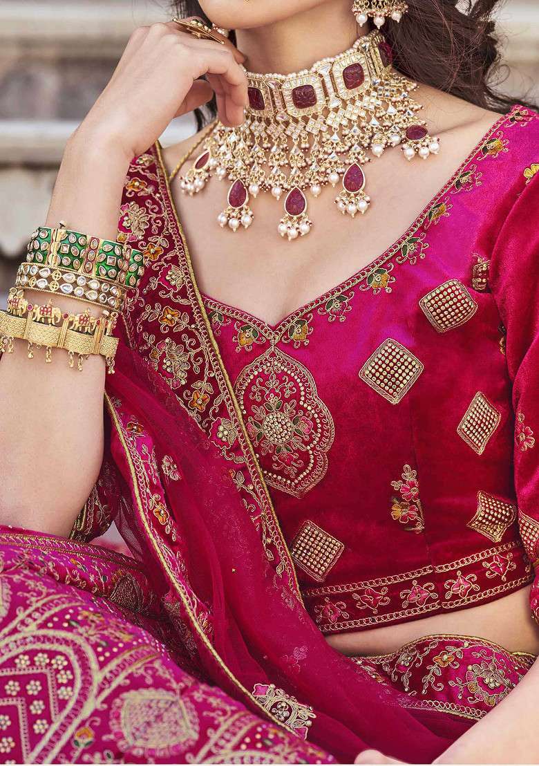 Rani Pink Thread Embroidered Velvet Lehenga Set - Indya