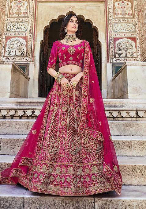 Rani Pink Thread Embroidered Velvet Lehenga Set