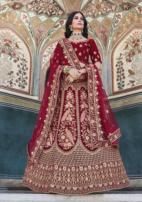 Maroon Thread Embroidered Velvet Lehenga Set