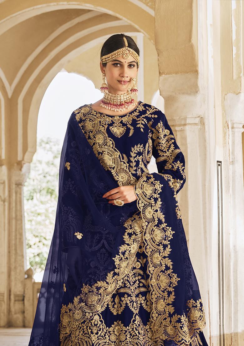 Blue Thread Embroidered Velvet Lehenga Set - Indya