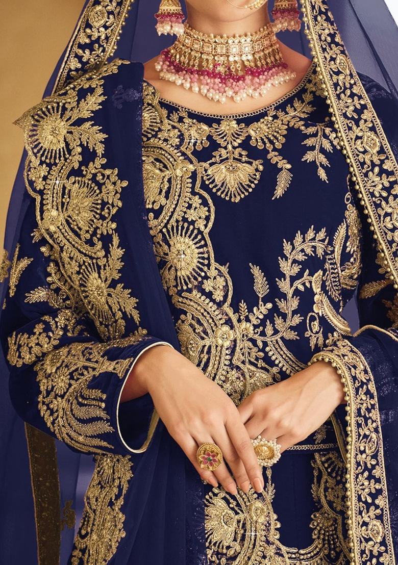 Blue Thread Embroidered Velvet Lehenga Set - Indya