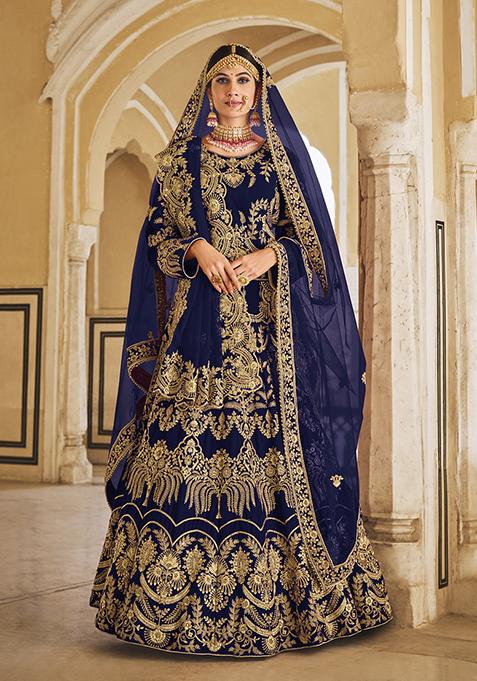 Blue Thread Embroidered Velvet Lehenga Set