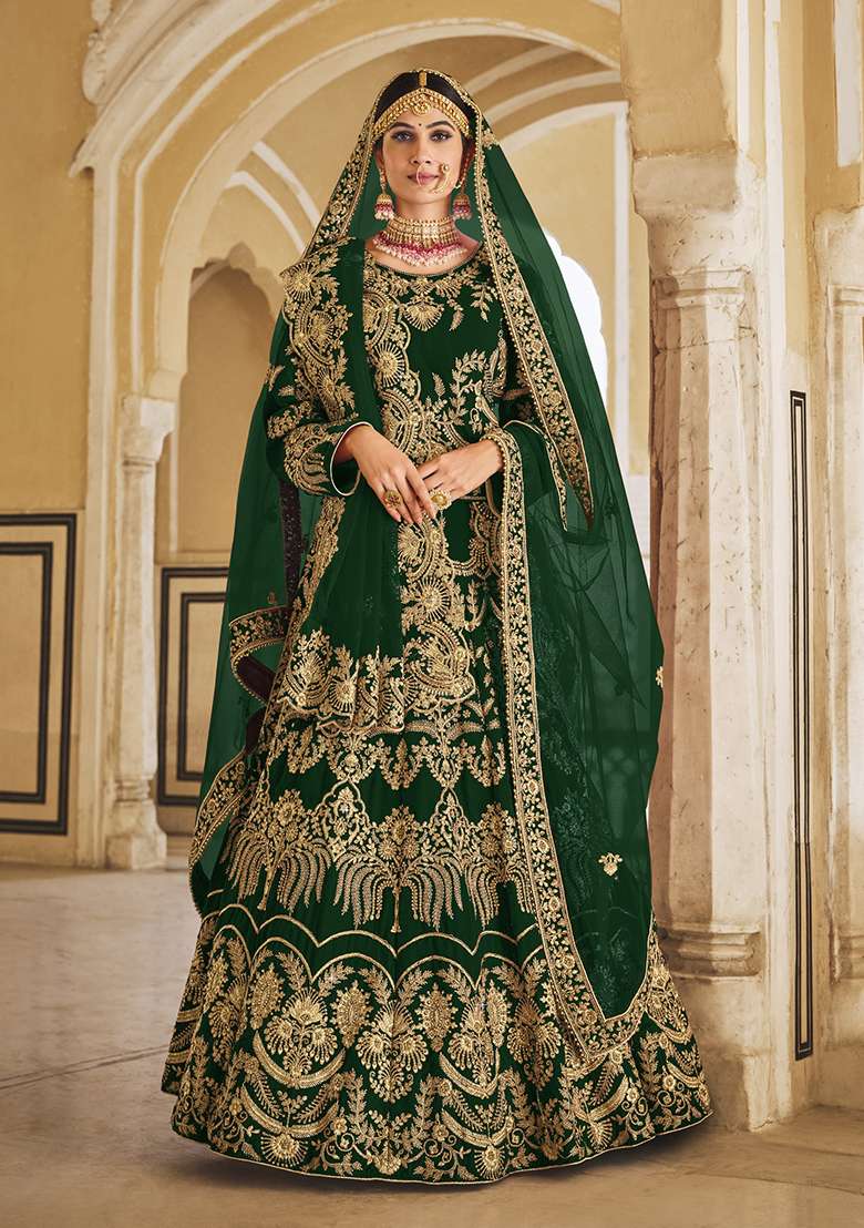 Green Thread Embroidered Velvet Lehenga Set - Indya