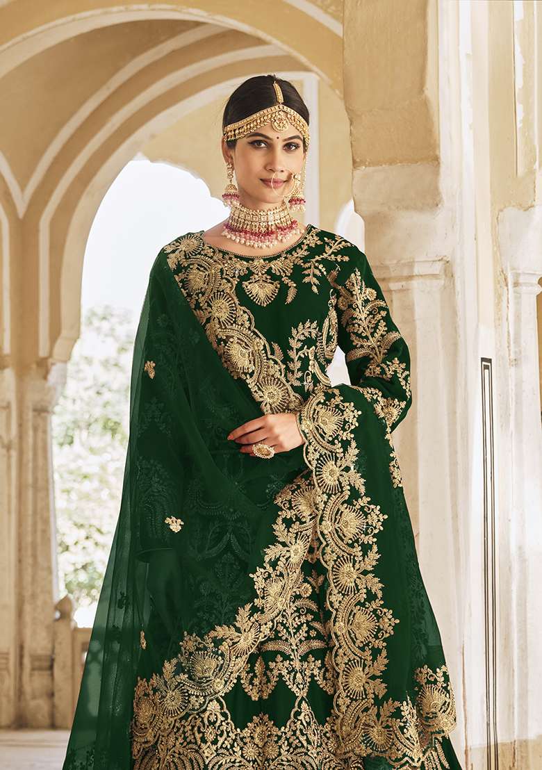 Green Thread Embroidered Velvet Lehenga Set - Indya