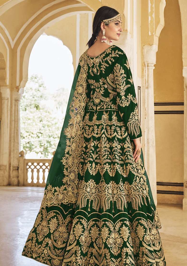 Green Thread Embroidered Velvet Lehenga Set - Indya