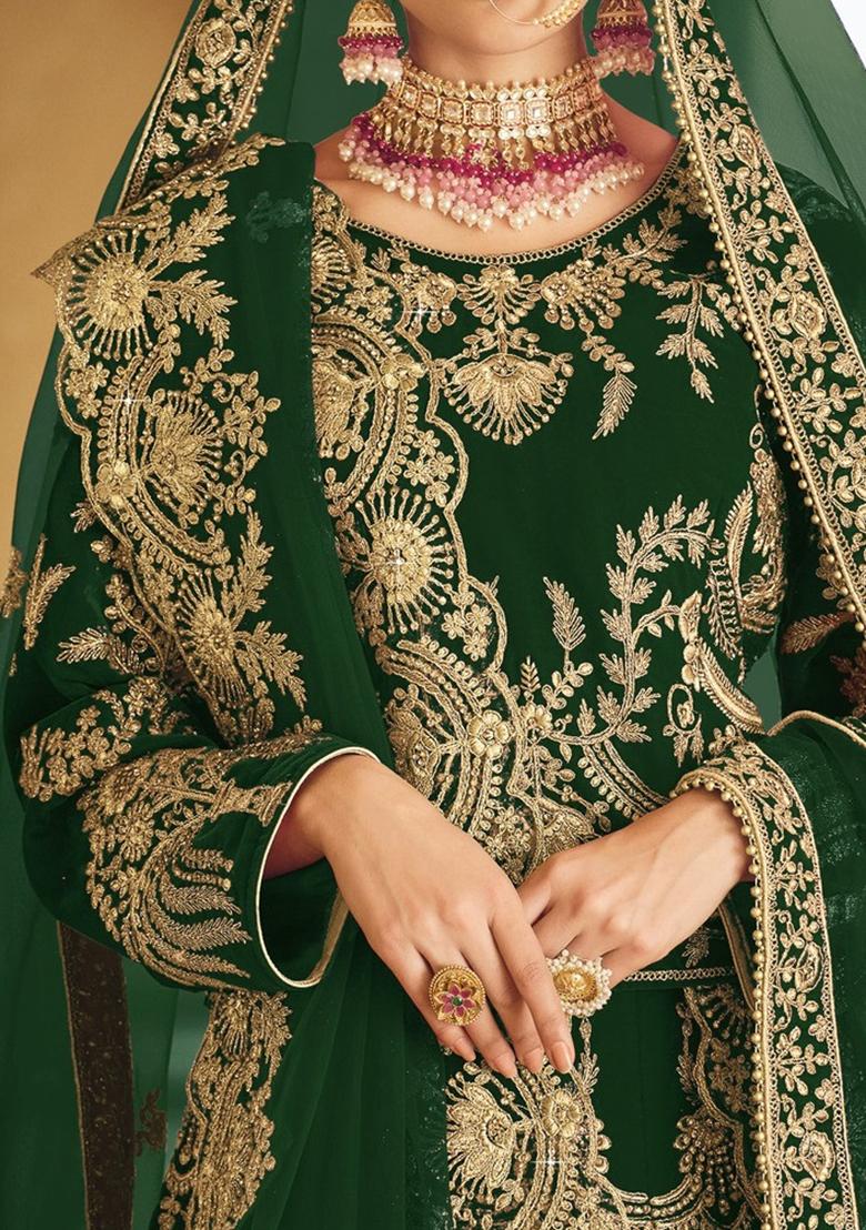 Green Thread Embroidered Velvet Lehenga Set - Indya