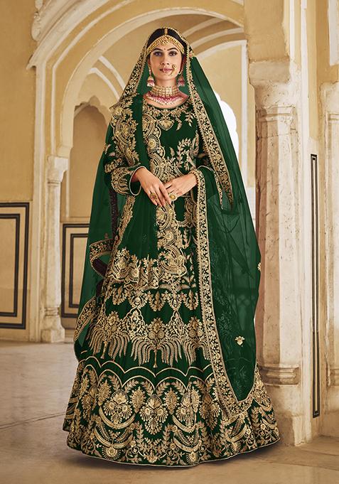 Green Thread Embroidered Velvet Lehenga Set