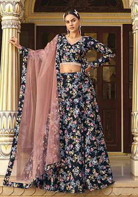 Blue Printed Silk Lehenga Set