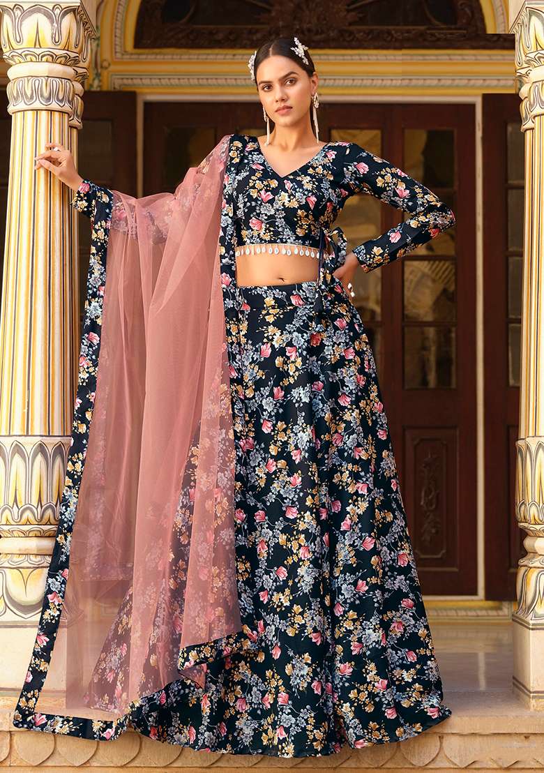 Blue Printed Silk Blend Lehenga Set for Diwali and Festive Wear - Indya